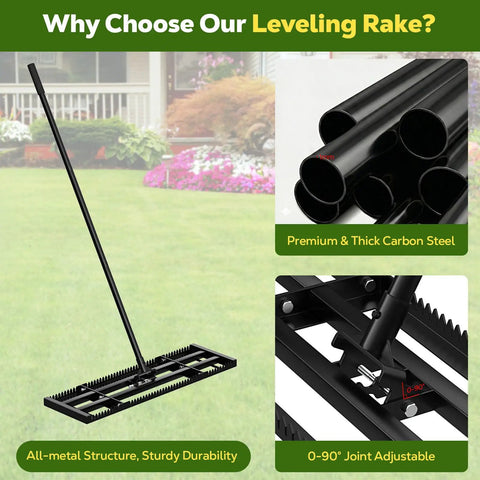 Two In One Lawn Leveling Rake With Dual Sided Design 32 By 10 Ground Plate And 78 Inch Adjustable Handle displayed with features