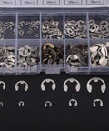 Assortment E Clips Kit 200 Piece Set 304 Stainless Steel External Retaining Rings 1.5 To 10 Mm Range For Shaft And Axle Repair Ideal For Your Home Workshop in plastic case with compartments