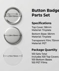 50mm Button Maker Kit 300 Pcs Round Badges Set With Metal Covers Pin Backs And Clear Film Sheets Compatible With 58mm Button Press Machines For Crafts DIY Project showing parts dimensions and specifications.