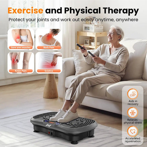 Woman using Vibration Plate Fitness Platform For Full Body Workout, Bluetooth Shaker Board in living room for physical therapy