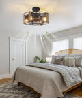 Wooden Farmhouse Ceiling Fan With Lights, Cage Style Indoor Vintage Ceiling Fan For Bedroom, Low Profile, Industrial Modern Design