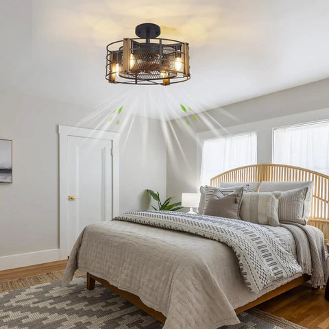 Wooden Farmhouse Ceiling Fan With Lights, Cage Style Indoor Vintage Ceiling Fan For Bedroom, Low Profile, Industrial Modern Design