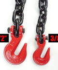 Red clevis grab hooks on heavy duty three eighth inch by twenty feet G80 binder chain with comparison size labels