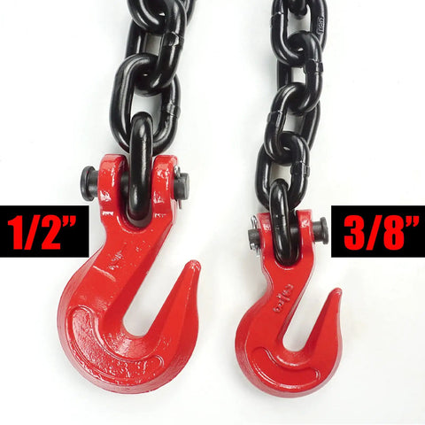 Red clevis grab hooks on heavy duty three eighth inch by twenty feet G80 binder chain with comparison size labels