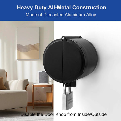 MOSECYOU door knob locking cover with padlock; heavy-duty all-metal black device installed on a door knob