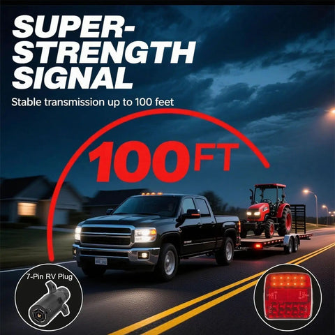 Truck towing trailer at night with Magnetic Wireless Trailer Lights Kit With Rechargeable Battery, LED Tow Lights, 100 Ft Signal