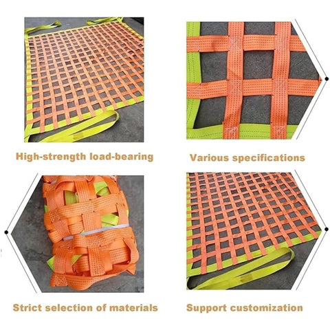 Heavy Duty Cargo Net For Locking Down Gear With Rock Solid Nylon Lifting Straps, 5x5ft mesh, orange and yellow color.