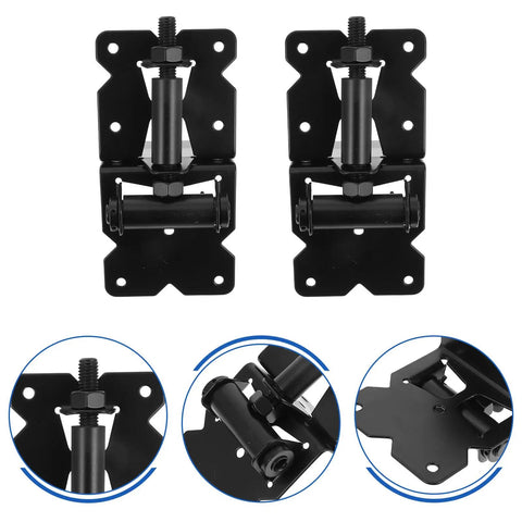 Heavy Duty Stainless Steel Gate Hinges For Fence Shed And Barn Wall Mount Farm Gate Hardware Killer Build Rust Proof Metal Hinge Set, black finish, two pack, close-up view.