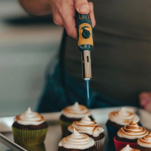 Pro Grade Precision Flame Hand Torch With Adjustable Heat for MAP Pro Propane Fuel toasting cupcake frosting.