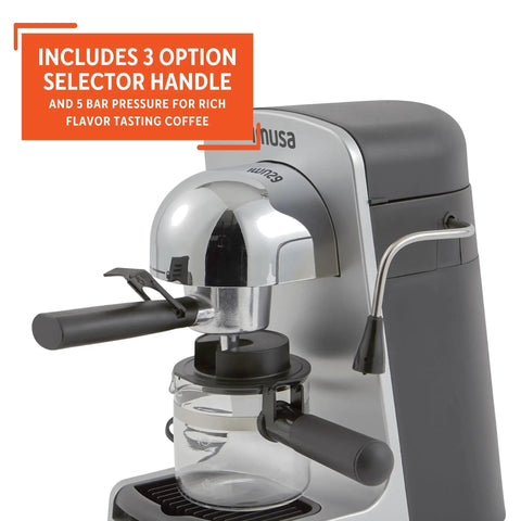 Compact Electric Bistro Style Espresso And Cappuccino Maker With Durable Glass Carafe showing selector handle and brewing system.