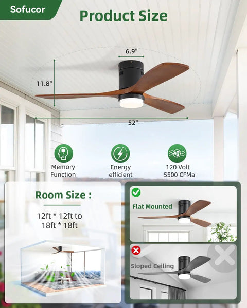 Top Notch 52 Inch Wood Ceiling Fan With Dimmable LED Lights And Wireless Remote Low Profile Build for flat ceiling installation.