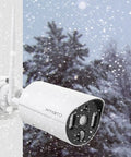 Thermal Detect Wireless Home Security Camera Two Pack, 2K HD WiFi Surveillance Cams with Floodlight mounted in snow