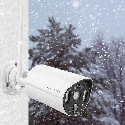 Thermal Detect Wireless Home Security Camera Two Pack, 2K HD WiFi Surveillance Cams with Floodlight mounted in snow