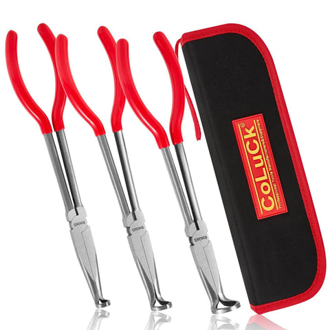 11 Inch Hose Gripper Pliers Set With Three Diameters 5/16 Inch, 1/2 Inch, And 3/4 Inch Serrated Jaws, red handles, with pouch