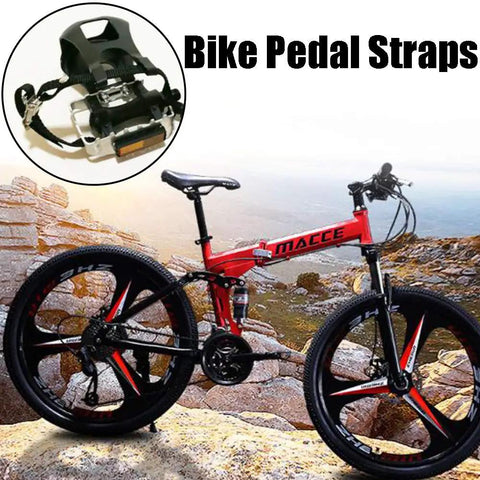 4 Pack Bike Pedal Toe Straps Universal Toe Clips With Clamp Lock, durable nylon straps on a red bike with rocky background