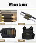 Six Pack Bullet Holders For Rifle Ammo Two Round Cartridge Reloader Pouches With Adhesive Backing shown on various gear