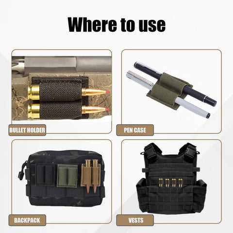 Six Pack Bullet Holders For Rifle Ammo Two Round Cartridge Reloader Pouches With Adhesive Backing shown on various gear