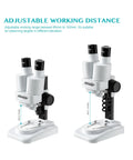 Grab And Go Portable Stereo Microscope With 20X And 50X Magnification, LED Light, WF Eyepieces, And 65 To 102 Mm Working Distance, Great For Insect Specimens And Mineral Studies, Includes 10 Slides And 12 Mineral Specimens. Adjustable working distance 65mm to 102mm.