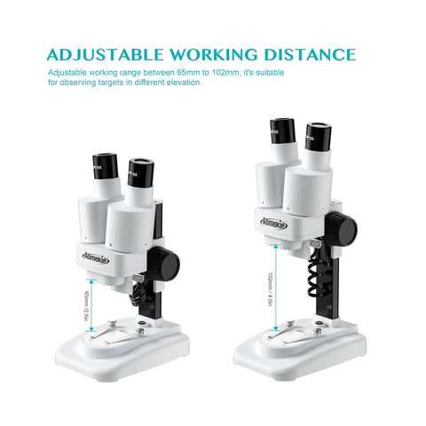 Grab And Go Portable Stereo Microscope With 20X And 50X Magnification, LED Light, WF Eyepieces, And 65 To 102 Mm Working Distance, Great For Insect Specimens And Mineral Studies, Includes 10 Slides And 12 Mineral Specimens. Adjustable working distance 65mm to 102mm.
