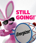 Energizer bunny character in sunglasses holding drumsticks and a drum, representing energy and vitality.