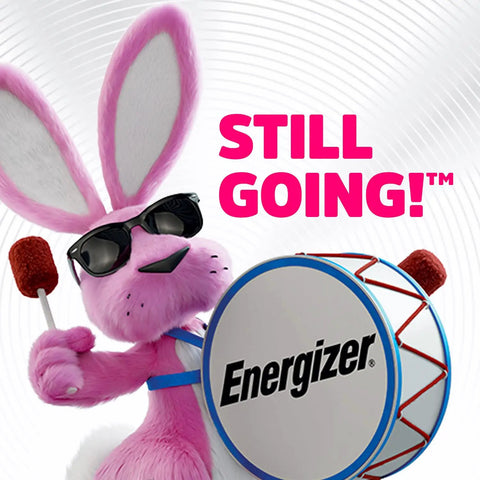 Energizer bunny character in sunglasses holding drumsticks and a drum, representing energy and vitality.