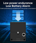Smart Cabinet Lock With Fingerprint, Remote Unlock, And USB Key Backup, showing low battery alarm and AAA batteries setup