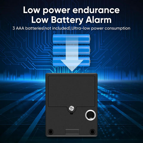 Smart Cabinet Lock With Fingerprint, Remote Unlock, And USB Key Backup, showing low battery alarm and AAA batteries setup