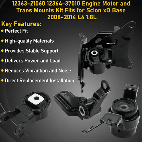Engine Motor Mounts And Transmission Mount Kit For 2008 2014 Scion Xd 1.8L L4 Automatic black steel mounts set