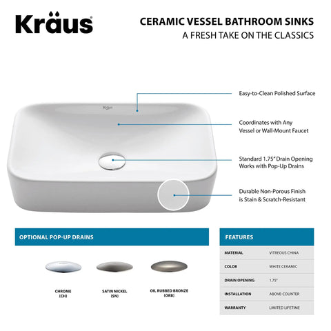 Rectangular Ceramic Bathroom Sink With Pop Up Drain White Finish Sleek Durable Glaze Great Value Scratch Resistant Surface