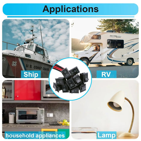 Applications of Ten Pack 2 Pin Rocker Switches On Off Latching SPST With Wires for ship, RV, appliances, lamp