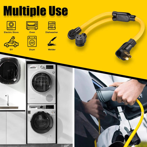 Heavy Duty 50 Amp Nema 10-50P To Dual 10-50R Y Splitter Cord for electric stove, oven, and EV charging use.