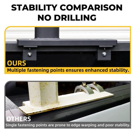Heavy Duty Truck Ladder Rack With 800 Lbs Capacity For Large Size Pickups, Aluminum Construction, Rust Resistant, Weatherproof Coating, Lightweight Yet Durable, Easy Mounting And Secure Cargo Storage. No-drill mounting stability comparison.