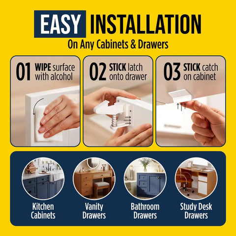 Installation steps for No Drill Needed Cabinet Locks For Baby Proofing 10 Pack Invisible Adhesive Drawer And Cabinet Latches White
