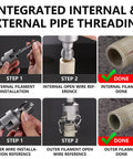 Diagram of Do It All Pipe Threading Kit With Internal And External Dies For One Half Inch And Three Quarter Inch PVC Pipes showing threading process steps