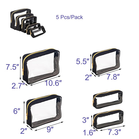 Clear TPU Diaper Bag Organizer Set Five Piece Pouch Cubes Clutch Bags showing different sizes and dimensions.