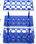 Three blue plastic Six Pack 28 Well Test Tube Rack For Lab Use Detachable Plastic Stand Centrifuge Tube Holder Storage