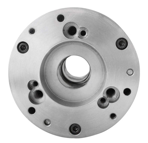 Top view of 5C Collet Chuck, 5 Inch Precision With Integral D1-4 Cam Lock Back Mount showing metal construction and bolt holes.