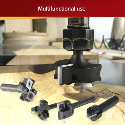 CNC Spoilboard Surfacing Router Bit With One Quarter Inch Shank And One And A Quarter Inch Cutting Diameter Two Plus Two T Wing Inserts Carbide Milling Cutter for woodworking displayed on a table