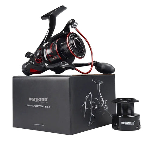Beast Mode Baitfeeder III Spinning Fishing Reel Size 6000 with box, visible front and rear drag, and spare spool