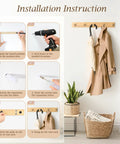 Wall Mounted Wooden Coat Rack With Five Heavy Duty Hooks In Natural Bamboo Finish Sturdy Built To Last With Waterproof Coating Ideal For Entryway Hallway Living Room Decor installation instructions alongside styled setup with coat and umbrella.