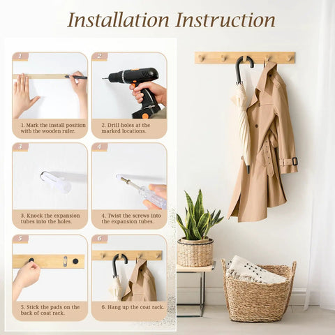 Wall Mounted Wooden Coat Rack With Five Heavy Duty Hooks In Natural Bamboo Finish Sturdy Built To Last With Waterproof Coating Ideal For Entryway Hallway Living Room Decor installation instructions alongside styled setup with coat and umbrella.