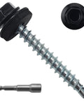 Professional Grade Size 10 X One And A Half Inch Black Hex Head Self Drilling Roofing Screws with gasket for secure hold.