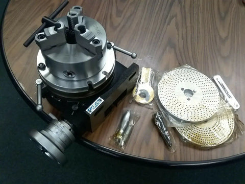 8 Inch Precision Horizontal Vertical Rotary Table With 6 Inch Three Jaw Chuck Dual Index Plates, off-white toothed index plates visible.