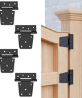 Heavy Duty Extra Thick Black Iron Gate Hinges 3.5 Inch displayed on wooden gate, 4 Pack Wide Strap Door Hardware, easy installation.