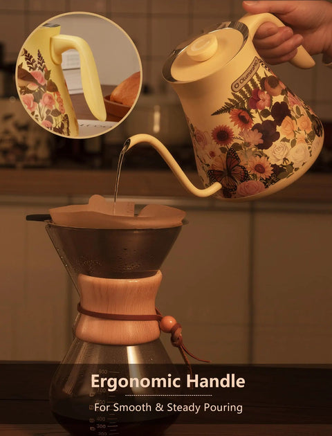Floral Design Gooseneck Electric Kettle With 0.8L Capacity Precise One Degree Fahrenheit Temperature Control in use pouring over coffee.