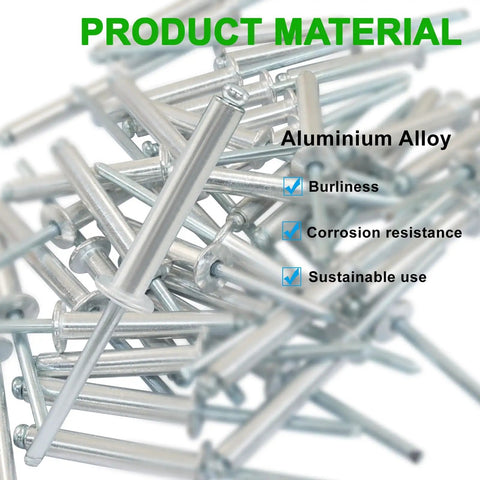 Close-up of aluminum alloy blind rivets showing burliness, corrosion resistance, and sustainability features visible.