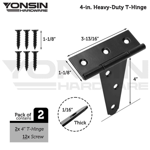 Beefy 4 Inch T Strap Door Hinges 2 Pack Black Countersunk Holes with screws, ideal for shed doors, wooden fences, heavy duty design