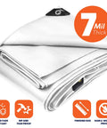 Heavy Duty 7 Mil Tarp Cover Waterproof UV Resistant Rip And Tear Proof Poly Tarpaulin With Reinforced Edges displayed folded showing thickness sticker and durability icons.