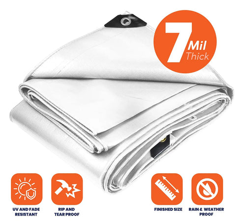 Heavy Duty 7 Mil Tarp Cover Waterproof UV Resistant Rip And Tear Proof Poly Tarpaulin With Reinforced Edges displayed folded showing thickness sticker and durability icons.