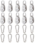 10Pcs M15 Single Pulley Block Set in 304 Stainless Steel with wire rope hanging wheel and 10 spring snap hooks visible